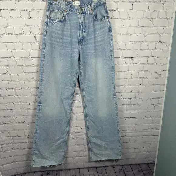 Zara TRF Mid-Rise Raw Hem Wide Leg Jeans Light Blue - Picture 1 of 6